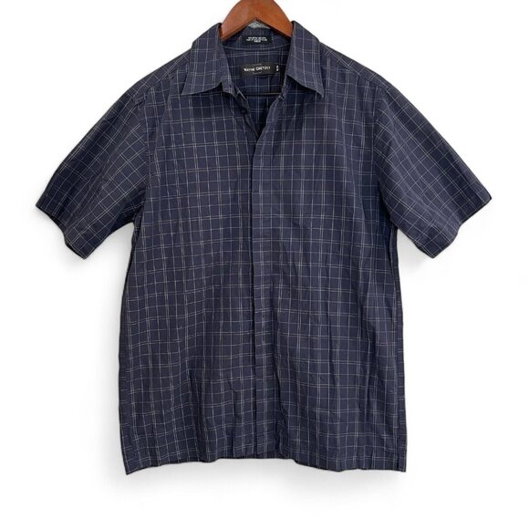 Wayne Gretzky Button Down Shirt Men Size M Navy Blue Window Pane Short Sleeve - Picture 1 of 12